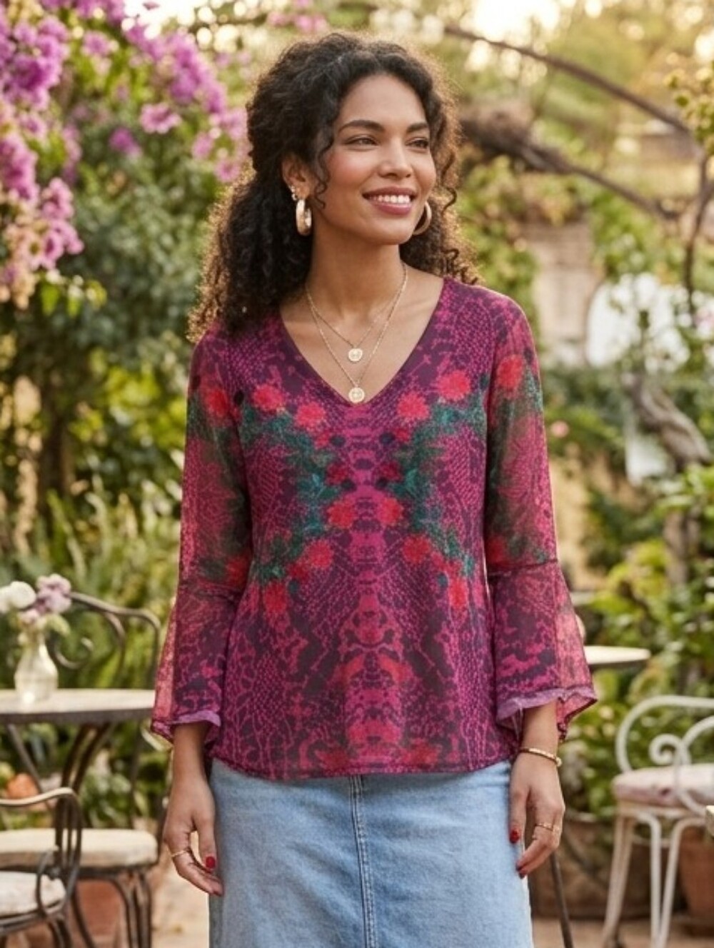 Desigual L Y2K Dark Romantic Boho Eclectic Artsy Abstract Mesh Bell Sleeve Shirt